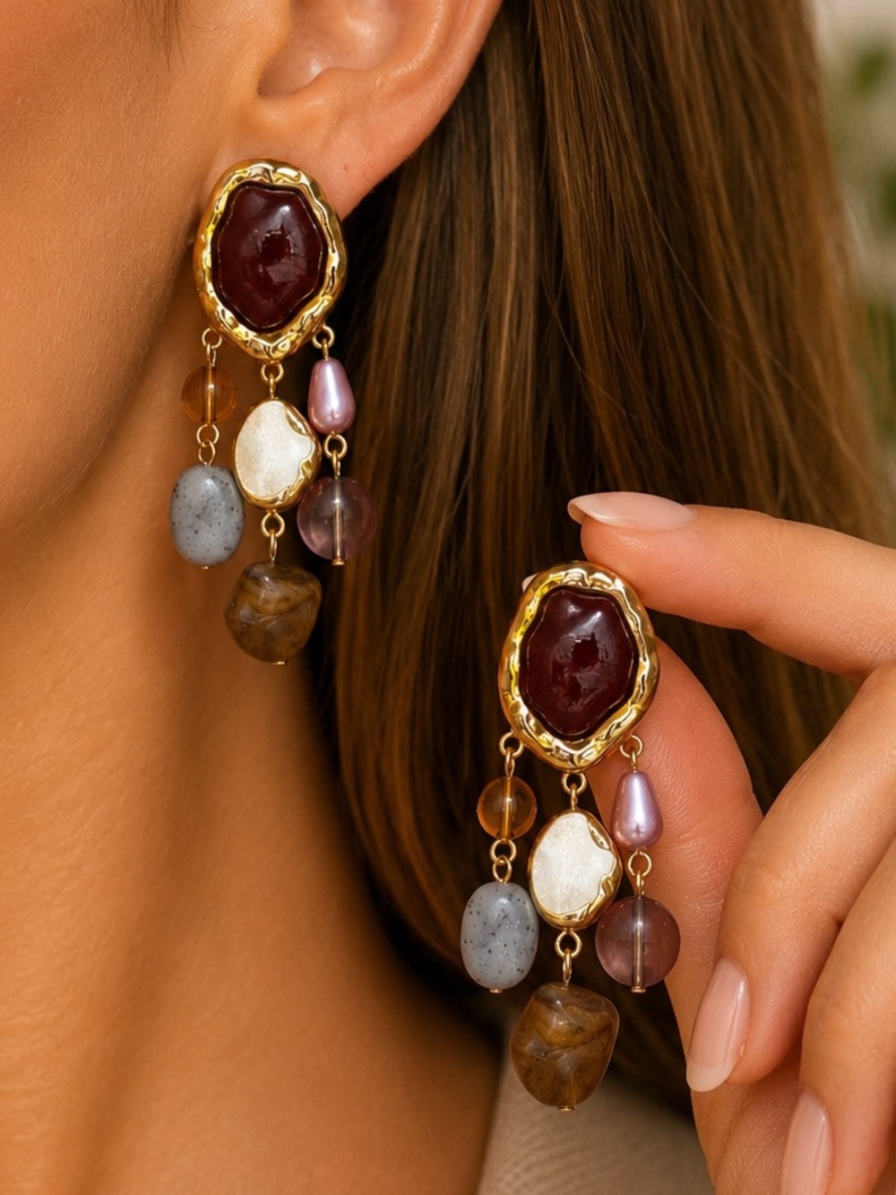Women's Gold-Tone Multi-Stone Drop Earrings - Burgundy Accent